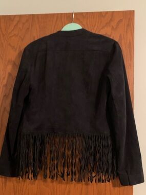 Inc Faux Suede Fringe Open-Front Jacket - Black